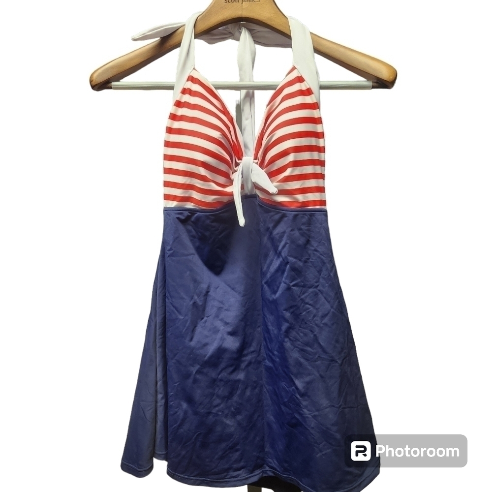 COCOSHIP Retro Sailor Pin Up Swimsuit Retro One Piece Skirtini Sz.12